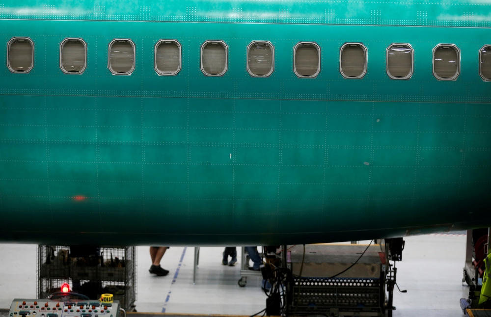 Part of the unpainted fuselage of a 737 Max aircraft at the Boeing factory in Renton, Washington, March 27, 2019. Reuters/Lindsey Wasson