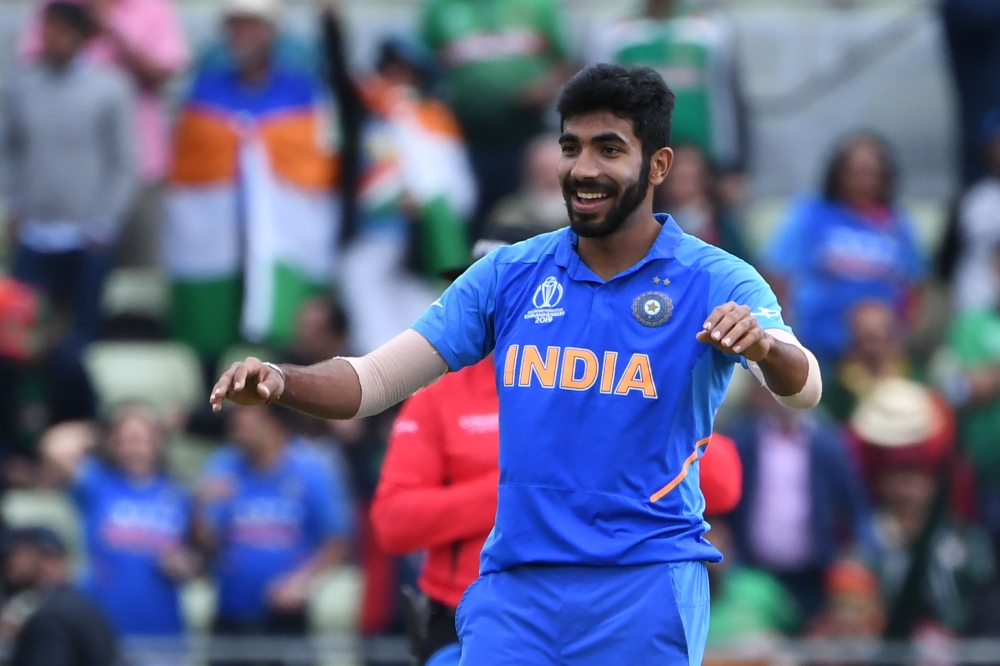 India's Jasprit Bumrah celebrates bowling Bangladesh's Mustafizur Rahman for a duck during the 2019 Cricket World Cup group stage match between Bangladesh and India at Edgbaston in Birmingham, central England, on July 2, 2019.  AFP / Paul Ellis