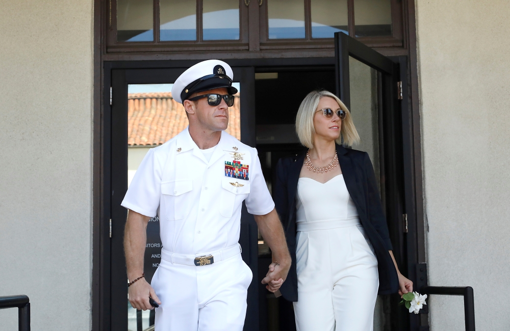 US Navy SEAL Special Operations Chief Edward Gallagher leaves for a lunch break with wife Andrea Gallagher from his court-martial trial at Naval Base San Diego in San Diego, California , July 2, 2019. Reuters/John Gastaldo