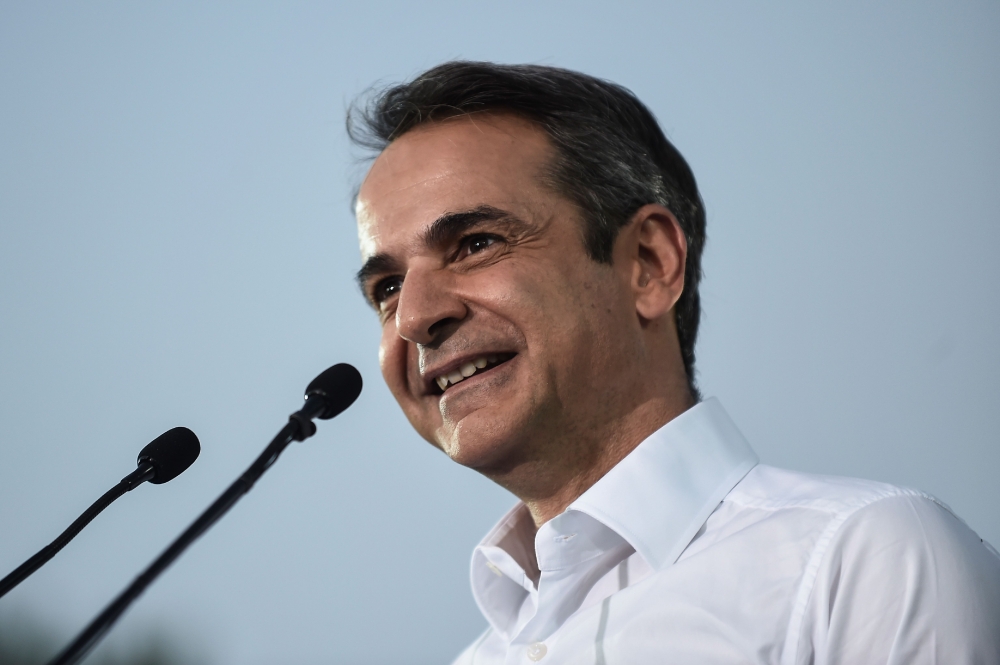 Greece's opposition party New Democracy leader Kyriakos Mitsotakis addresses a pre-election rally in Athens on July 4, 2019, three days ahead of general elections. AFP / Angelos Tzortzinis
 