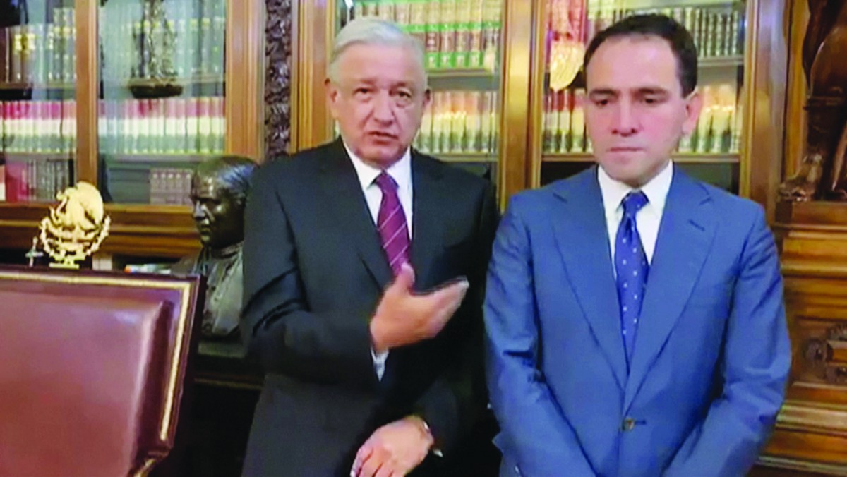 Mexican President Andres Manuel Lopez Obrador presents new Finance Minister Arturo Herrera in Mexico City, Mexico, July 9, 2019, in this still image taken from a video. Reuters/Mexican Government TV