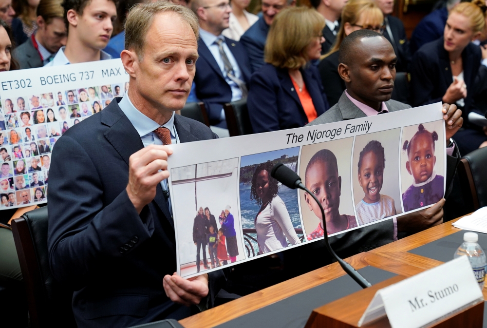 Michael Stumo, father of Samya Stumo, victim of Flight ET302; and Paul Njoroge, family members of EA Flight 302, arrive to testify before a House Transportation and Infrastructure Aviation Subcommittee hearing on 