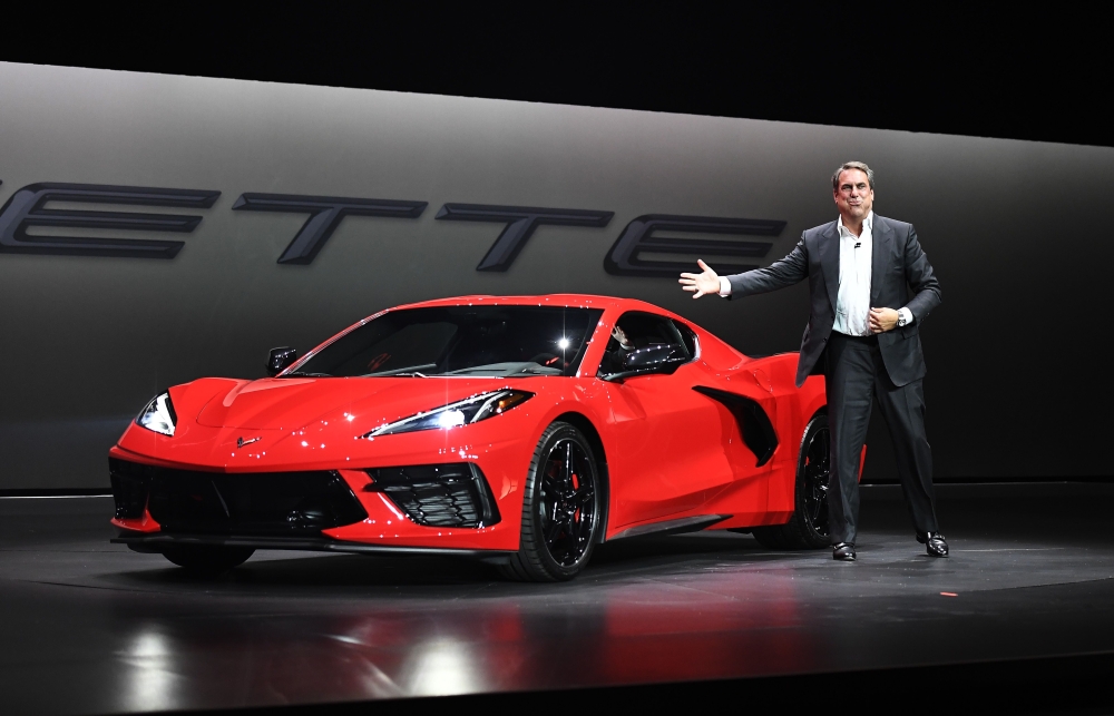 Mark Reuss, president of General Motors Company, unveils the 2020 mid-engine C8 Corvette Stingray during a news conference on July 18, 2019 in Tustin, California. Kevork Djansezian/Getty Images/AFP