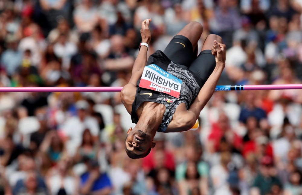 Qatar’s Mutaz Essa Barshim in action in the men’s high jump event during the IAAF Diamond League Muller Anniversary Games at the London Stadium in London, on Sunday. (REUTERS/David Klein)
 