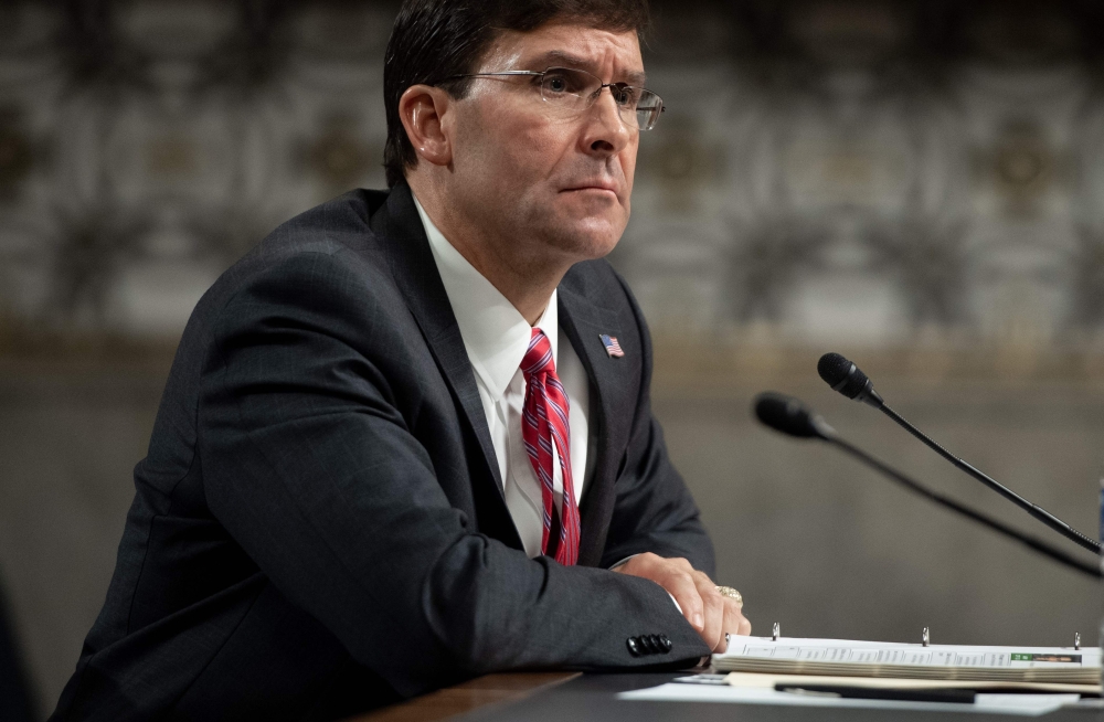  In this file photo taken on July 16, 2019, Acting US Defense Secretary Mark Esper, nominee to be Secretary of Defense, testifies during a Senate Armed Services Committee confirmation hearing on Capitol Hill in Washington, DC. (AFP / SAUL LOEB)