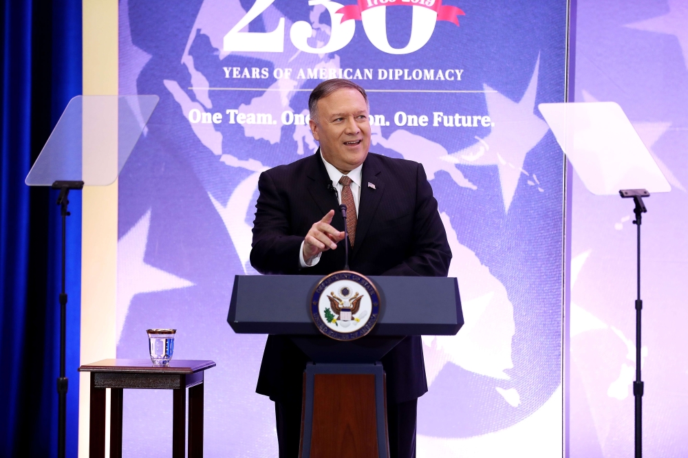 Secretary of State Mike Pompeo speaks during the Department of State 230th Anniversary Celebration at the Harry S. Truman Headquarters building July 29, 2019 in Washington, DC. (Chip Somodevilla/Getty Images/AFP)