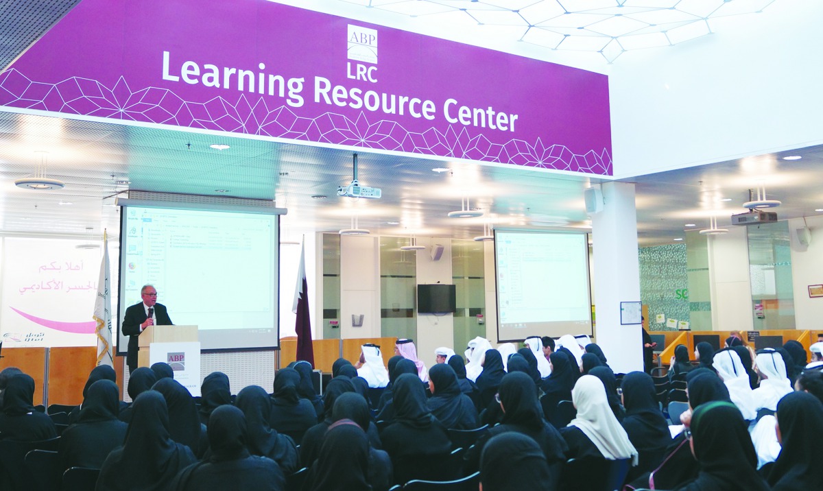 The orientation event hosted by the Academic Bridge Program, part of Qatar Foundation’s Pre-University Education, for its 2019-2020 new joiners at the Learning Resource Center in Penrose House. 
