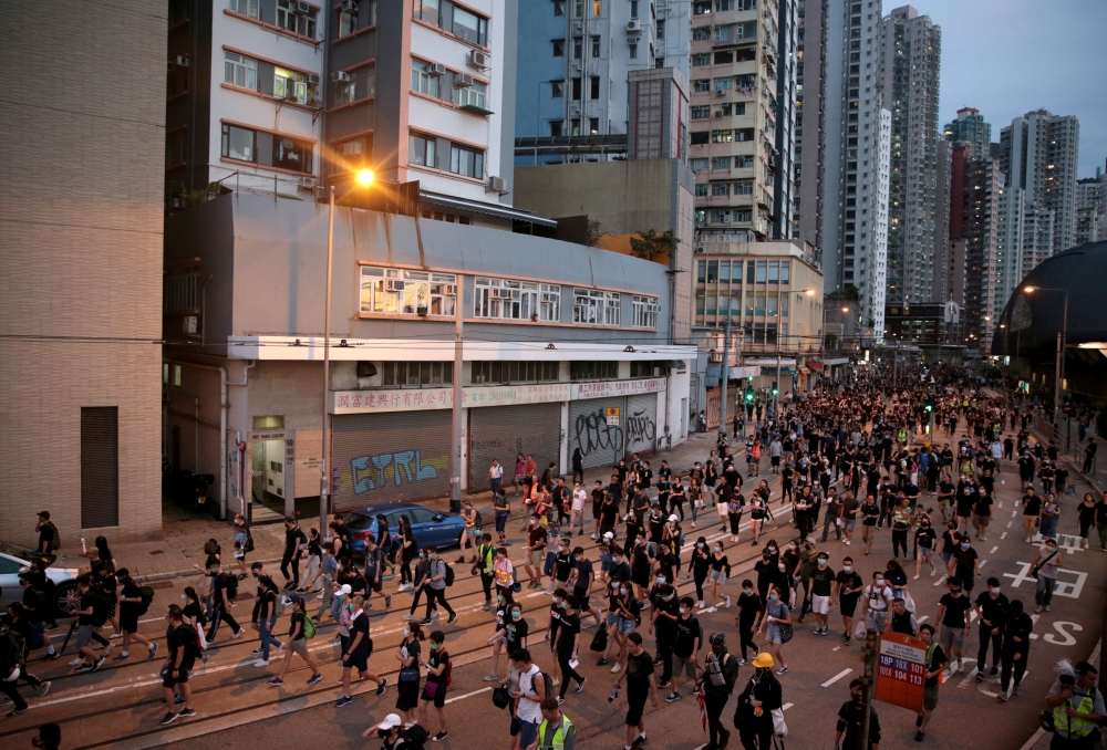 Anti-extradition bill protesters march in Kennedy Town, Hong Kong, China, August 4, 2019. REUTERS/Eloisa Lopez