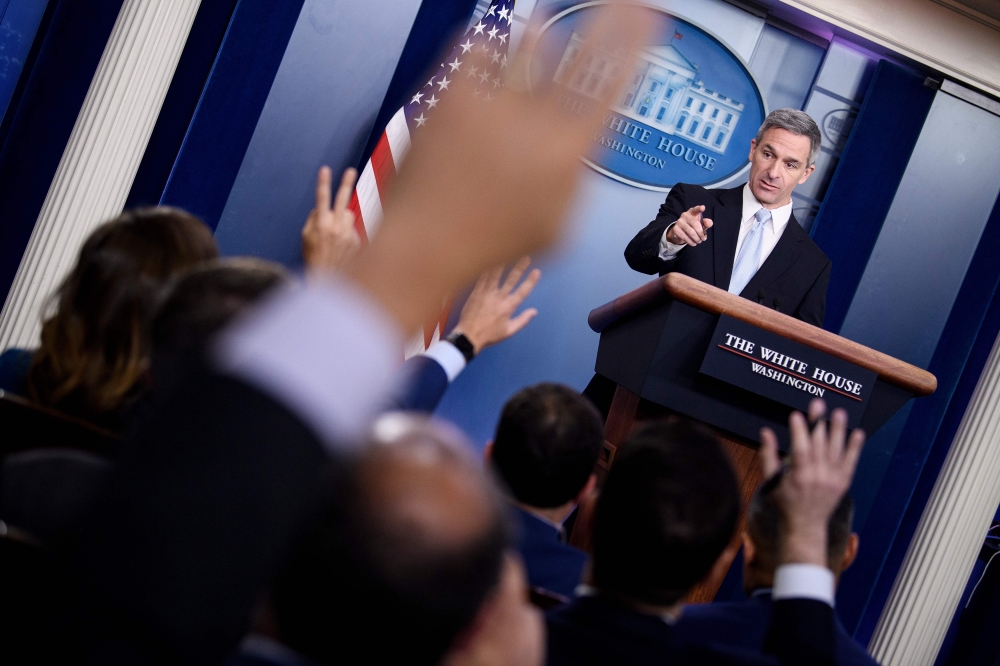Acting Director of the US Citizenship and Immigration Services Ken Cuccinelli speaks during a briefing at the White House August 12, 2019, in Washington, DC. (AFP / Brendan Smialowski)