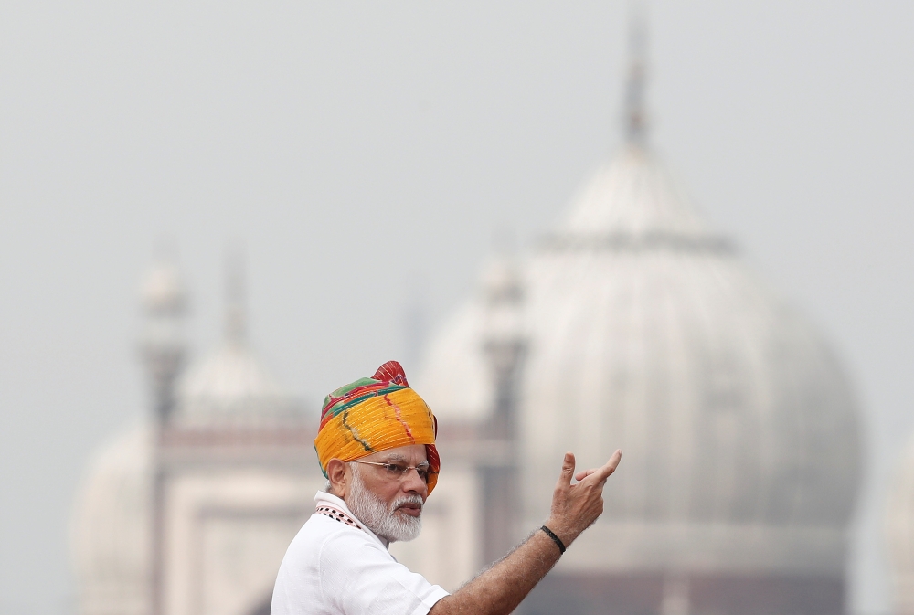 Indian Prime Minister Narendra Modi addresses the nation during Independence Day celebrations at the historic Red Fort in Delhi, India, August 15, 2019. REUTERS/Adnan Abidi