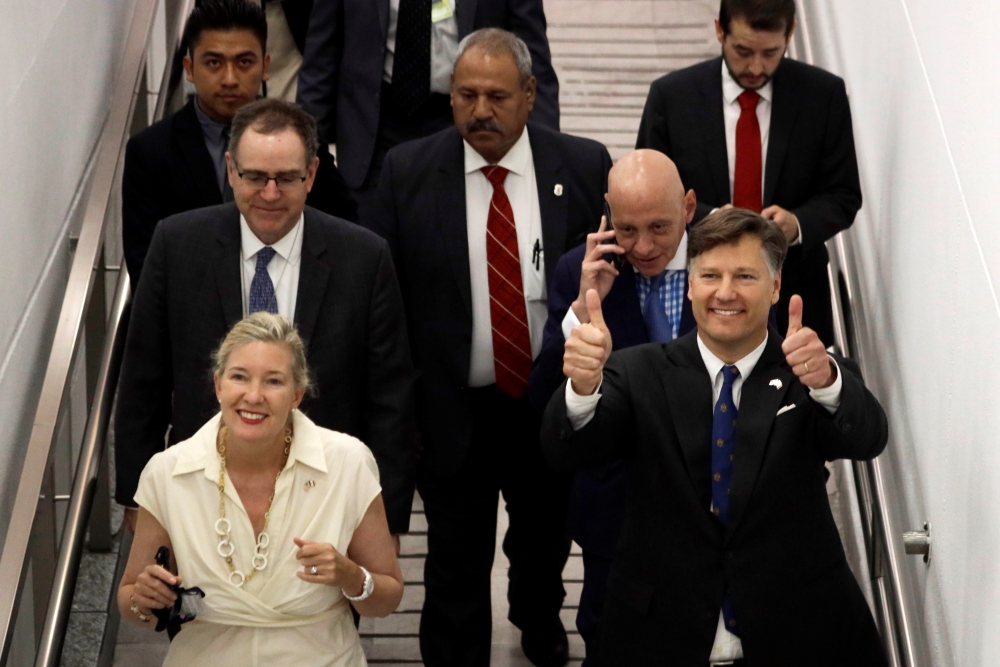 Christopher Landau, newly appointed U.S. Ambassador to Mexico, gestures as he arrives at the Benito Juarez International Airport in Mexico City, Mexico August 16, 2019. REUTERS/Luis Cortes