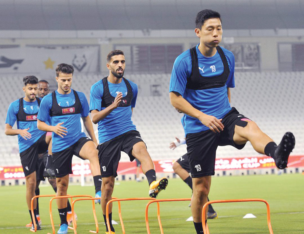 Al Sadd’s players take part in their final training session on the eve of today’s Sheikh Jassim Cup clash against Al Duhail.