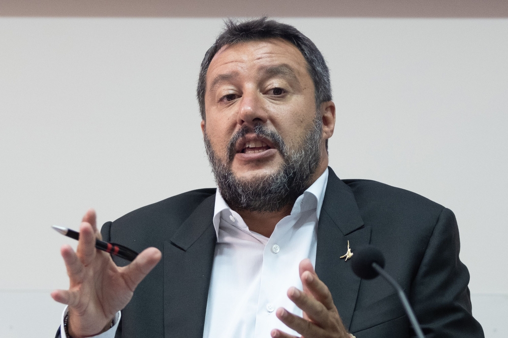Italy's Interior Minister and deputy Prime Minister Matteo Salvini gestures during a press conference after the National Committee for Order and Public Safety in Castel Volturno south of Naples, on August 15, 2019. AFP / Eliano IMPERATO