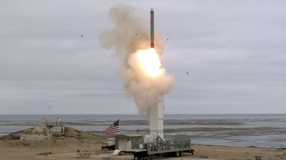 This US Department of Defense (DOD) handout photo shows on August 18, at 2:30 p.m. Pacific Daylight Time, when the Defense Department conducted a flight test of a conventionally configured ground-launched cruise missile at San Nicolas Island, California. 