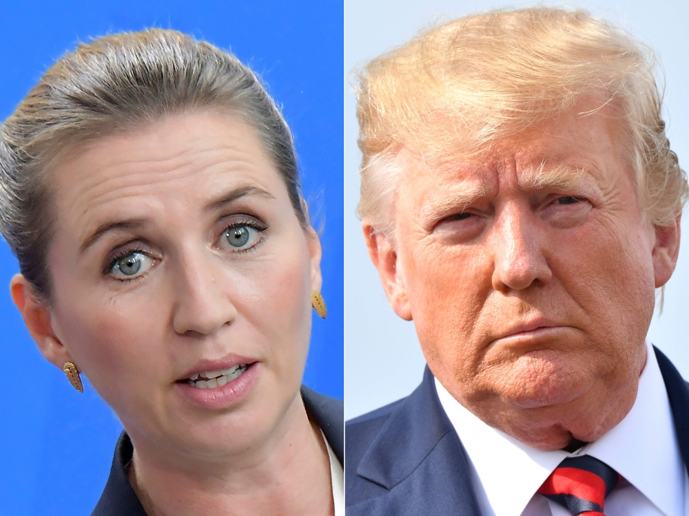 This combination of pictures created on August 20, 2019 shows Denmark's Prime Minister Mette Frederiksen (L) at a joint press conference on July 11, 2019 at the Chancellery in Berlin and US President Donald Trump before boarding Air Force One in Morristow