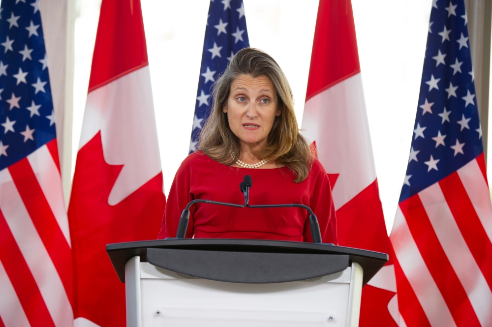 Canadian Foreign Minister Chrystia Freeland speaks during a joint press conference with US Secretary of State Mike Pompeo (off frame) at the National Arts Center, on August 22, 2019, in Ottawa. (AFP / Sebastien ST-JEAN)