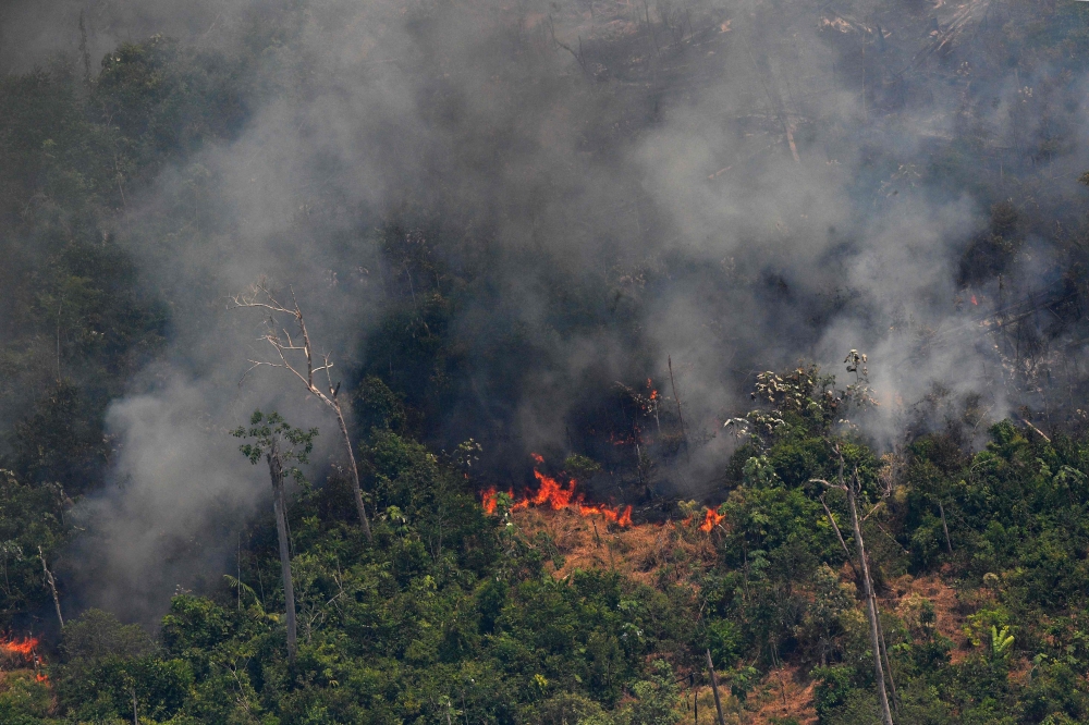Aerial picture showing smoke from a 2-kilometre stretch of fire billowing from the Amazon rainforest about 65 km from Porto Velho, in the state of Rondonia, in northern Brazil, on August 23, 2019. (AFP / Carl DE SOUZA)