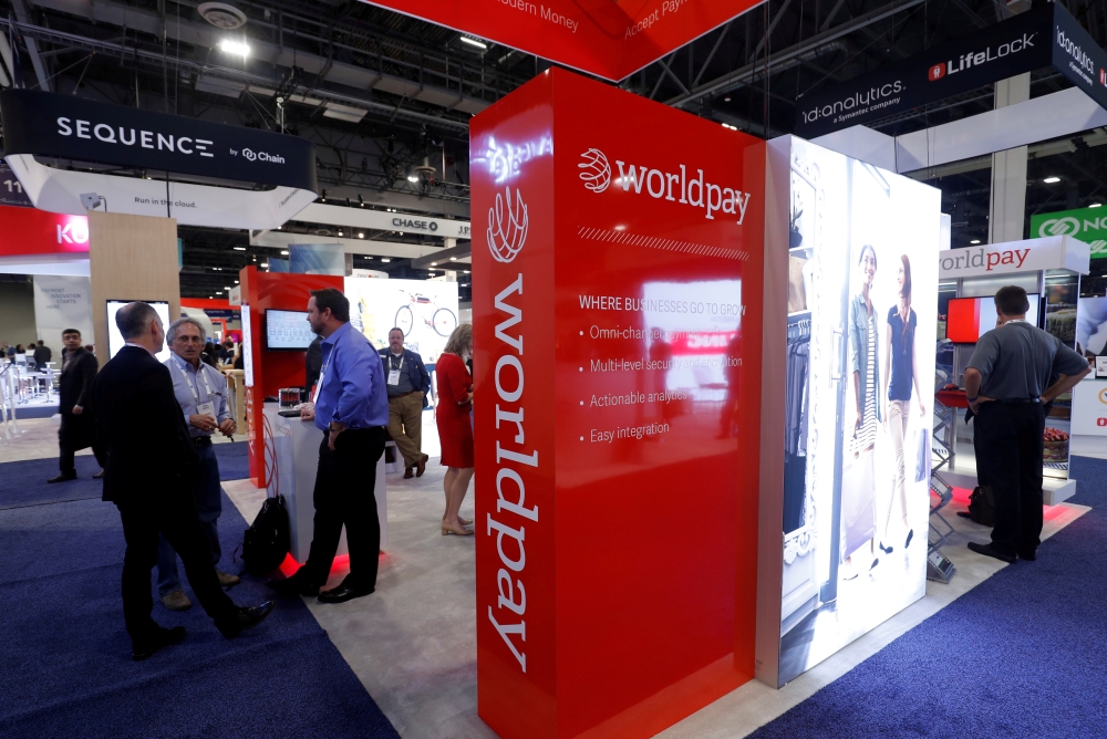 A Worldpay booth is shown on the exhibit hall floor during the Money 20/20 conference in Las Vegas, Nevada, US on October 24, 2017. Reuters/Steve Marcus