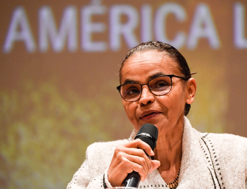 Brazil's former Environment Minister (2003-2008), Marina Silva, speaks during a conference at a university in Bogota on August 22, 2019.  AFP / Juan Barreto 