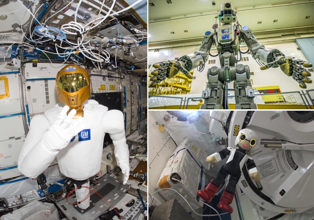 A combination of handout photographs shows (L) provided by NASA on March 13, 2012 showing an image of the Robonaut 2 humanoid robot in the Destiny laboratory of the International Space Station (ISS), (top R) Taken on July 26, 2019 and released by the offi