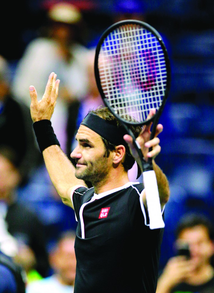Roger Federer of Switzerland reacts after defeating Sumit Nagal of India during their Round 1 men's Singles match at the 2019 US Open at the USTA Billie Jean King National Tennis Center in New York on August 26, 2019. AFP / Kena Betancur

