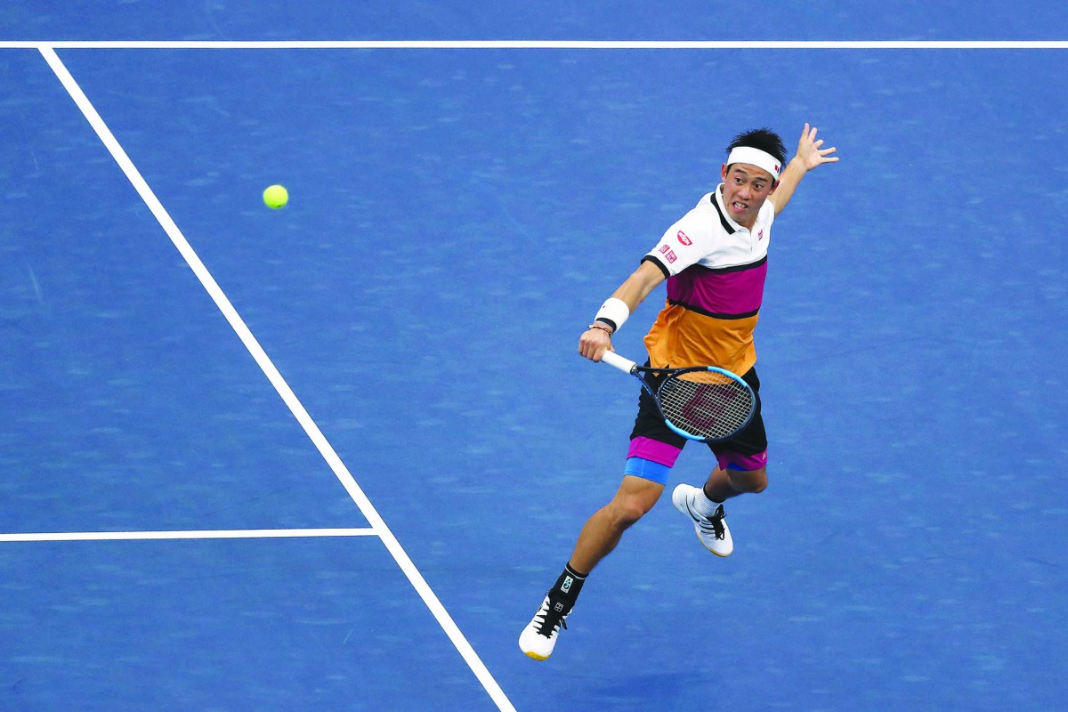  Kei Nishikori of Japan returns a shot during his Men's Singles second round match against Bradley Klahn of the United States on day three of the 2019 US Open at the USTA Billie Jean King National Tennis Center on August 28, 2019 in the Flushing neighborh