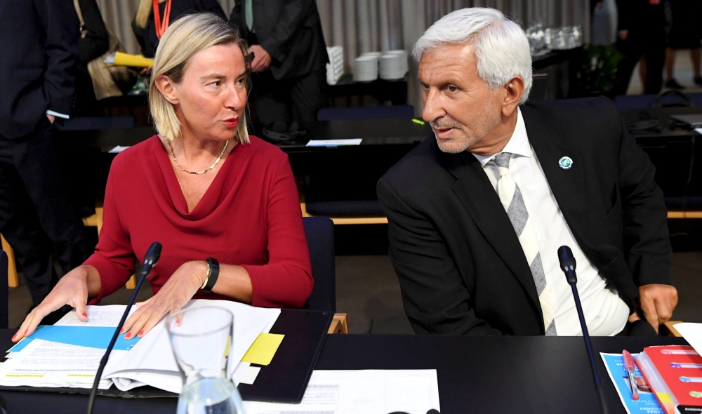 EU foreign policy chief Federica Mogherini and General Director for Foreign Affairs of the Council of the European Union Leonardo Schiavo chat before the informal meeting of EU defence ministers in Helsinki, Finland August 29, 2019. Lehtikuva/Jussi Nukari