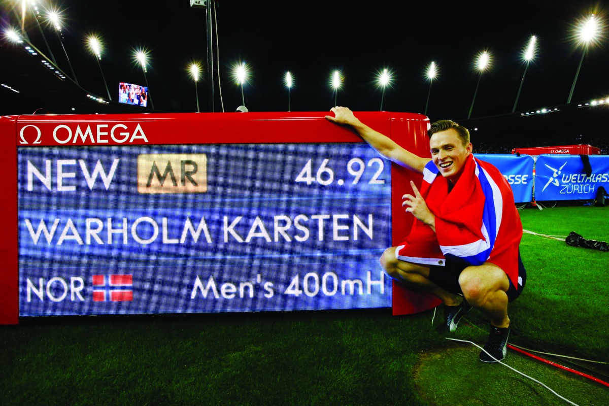 Norway's Karsten Warholm celebrates winning the 400m Hurdles Men after setting a new Meet Record Reuters/Arnd Wiegmann 