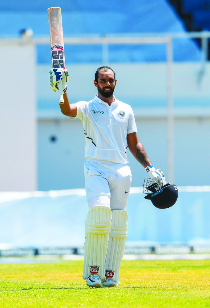 Hanuma Vihari of India celebrates his century during day 2 of the 2nd Test between West Indies and India at Sabina Park, Kingston, Jamaica, on August 31, 2019. AFP / Randy Brooks