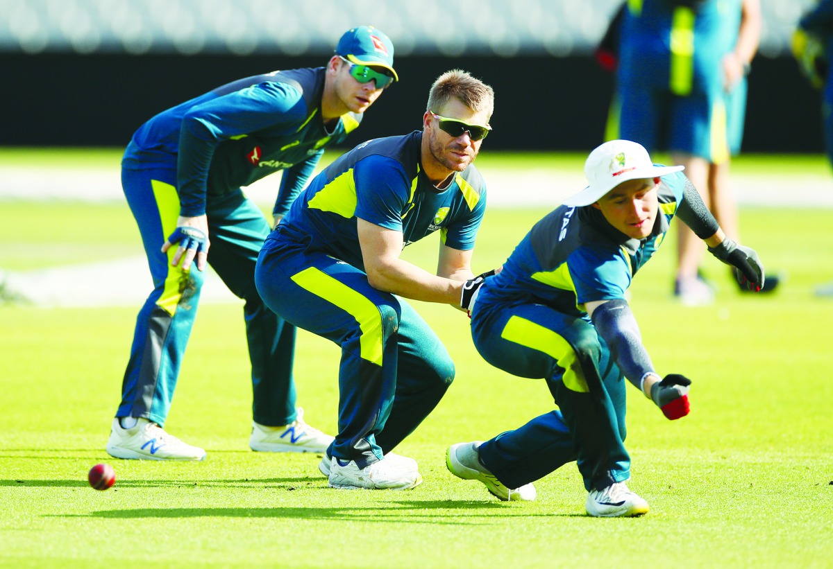 Australia's David Warner and Marnus Labuschagne as Steve Smith looks on during nets. (Action Images via Reuters/Jason Cairnduff)