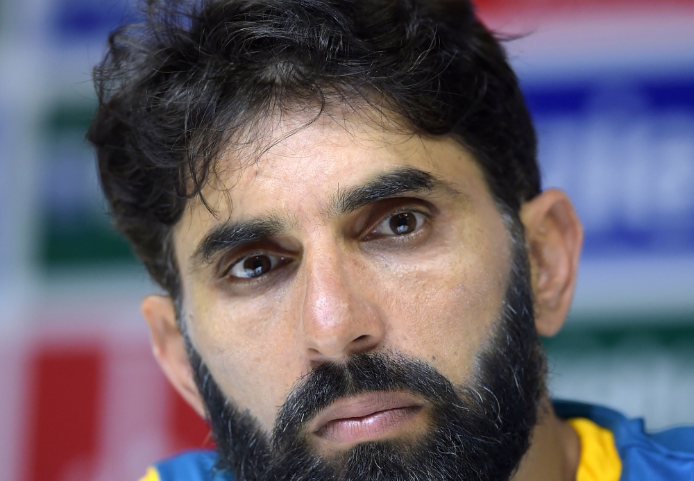 (FILES) In this file picture taken on October 29, 2016 former cricket Pakistani team's captain Misbah-ul-Haq speaks during a press conference at the Sharjah Cricket Stadium in Sharjah. AFP / AAMIR QURESHI