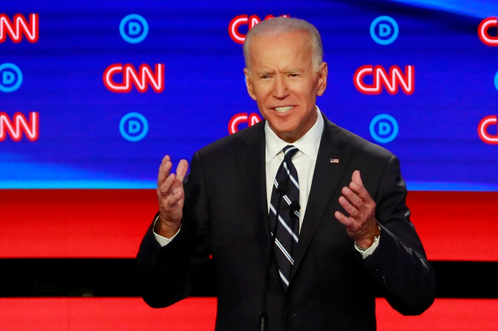FILE PHOTO: Former Vice President Joe Biden speaks on the second night of the second 2020 Democratic U.S. presidential debate in Detroit, Michigan, July 31, 2019. REUTERS/Lucas Jackson/File Photo