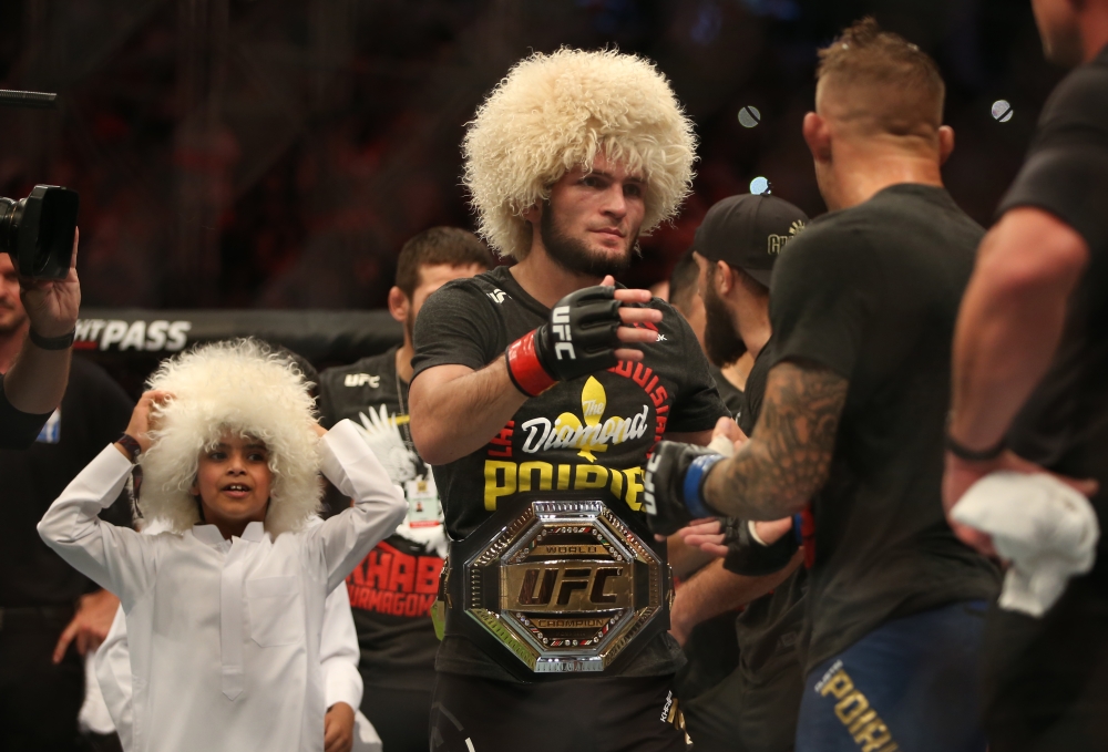 Khabib Nurmagomedov celebrates his victory after his UFC Lightweight Championship match against Dustin Poirier (not seen) at Yas Island in Abu Dhabi, United Arab Emirates on September 6, 2019. Anadolu
