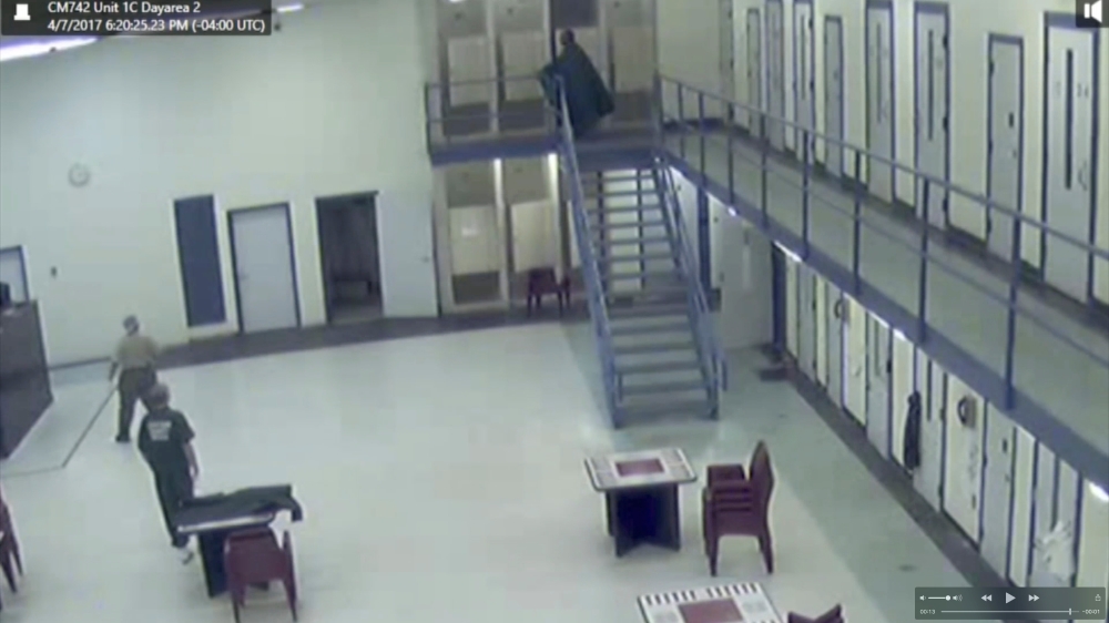 Jerome Hill climbs the stairs at the Chatham County Detention Center shortly before his suicide in Savannah, Georgia, U.S. in this September 30, 2016 handout photo. Chatham County Detention Center/via Reuters