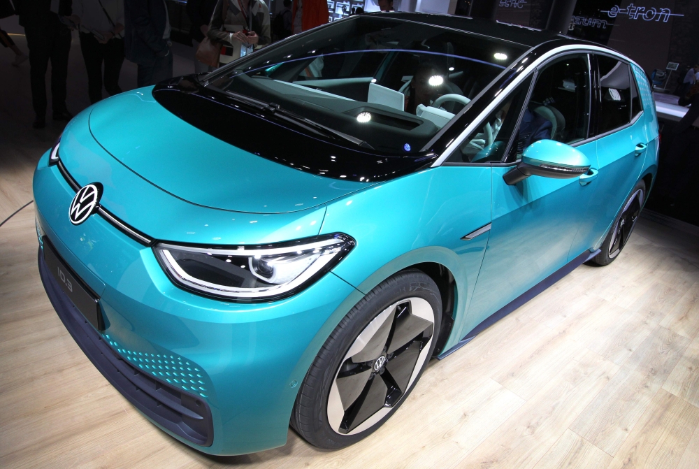 A Volkswagen ID.3 electric car is pictured at the company's booth at the Frankfurt motor show IAA 2019, in Frankfurt am Main Germany, on September 11, 2019. AFP / Daniel Roland 