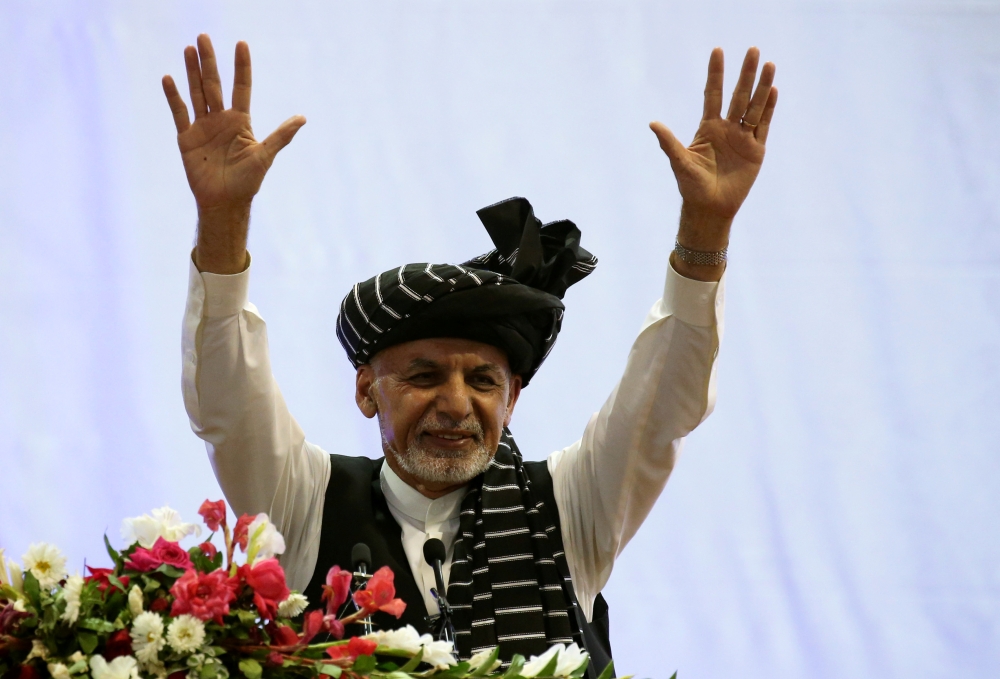 Afghan presidential candidate Ashraf Ghani gestures during his election campaign rally in Kabul, Afghanistan September 13, 2019. REUTERS/Omar Sobhani