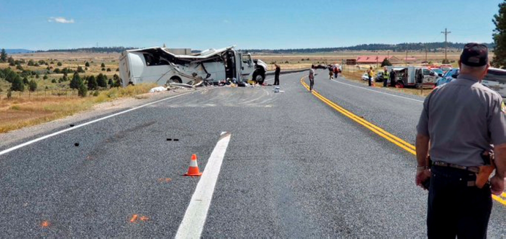 A view shows a bus carrying Chinese-speaking tourists after it crashed off a road near Bryce Canyon National Park in Utah, U.S., September 20, 2019. Utah Highway Patrol/Handout via REUTERS