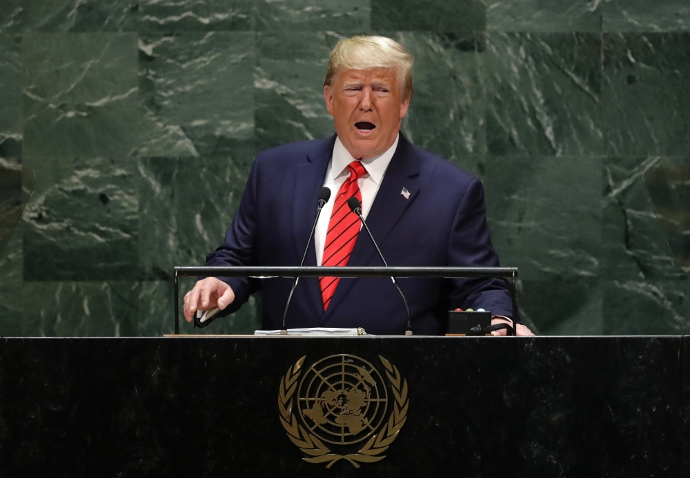U.S. President Donald Trump addresses the 74th session of the United Nations General Assembly at U.N. headquarters in New York City, New York, U.S., September 24, 2019. REUTERS/Lucas Jackson