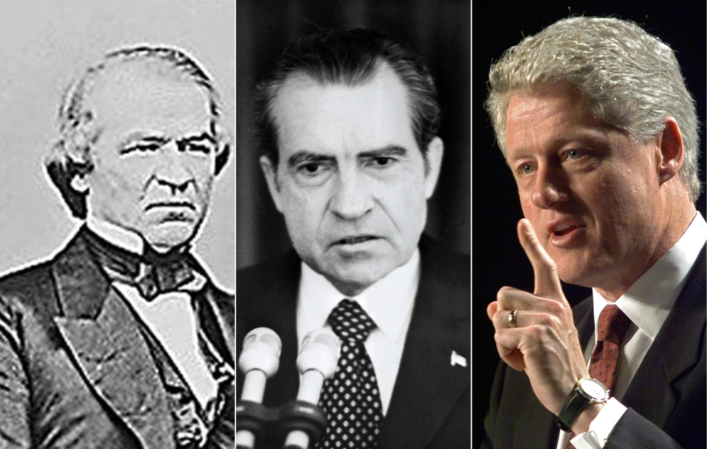 (COMBO) This combination of pictures created on September 25, 2019 shows(L-R) a circa 1860-1865 photo of former US President Andrew Johnson as photographed by Civil War photographer Mathew Brady,former US President Richard Nixon in 1973, and former US Pre