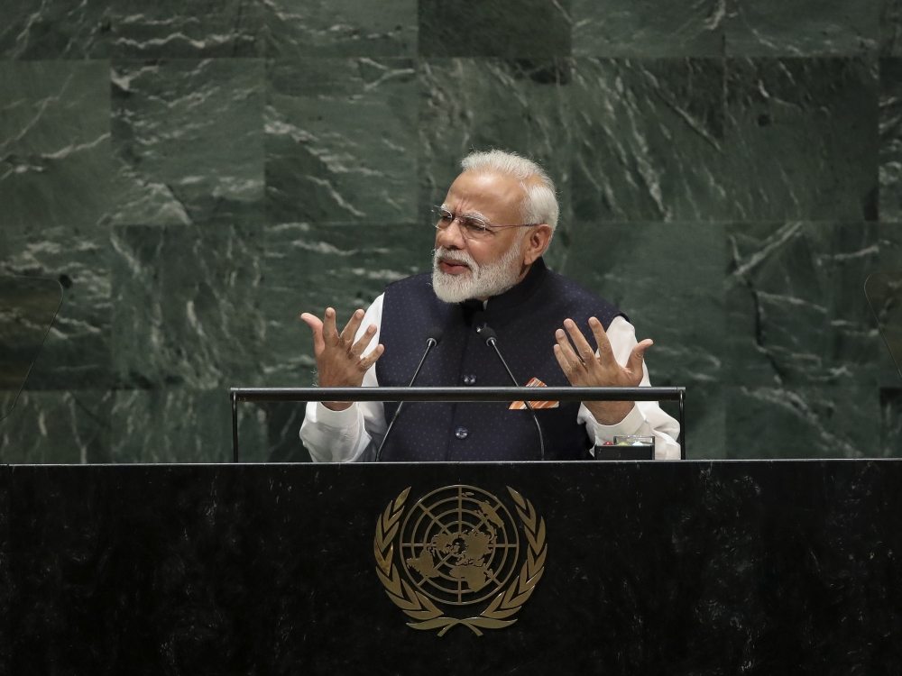 Prime Minister of India Narendra Modi addresses the United Nations General Assembly at UN headquarters on September 27, 2019 in New York City. Drew Angerer/Getty Images/AFP