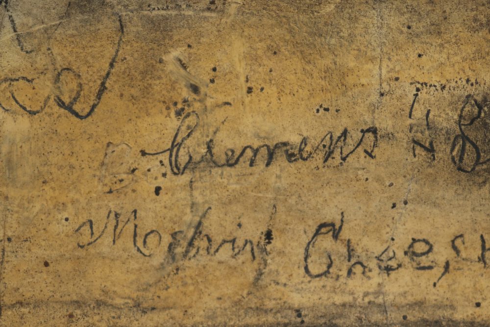 In this Aug. 6, 2019 photo provided by David Leaning Samuel Clemens' signature is seen inside the Mark Twain Cave in Hannibal, Mo., Clemens' boyhood home. Photo Courtesy David Leaning via AP