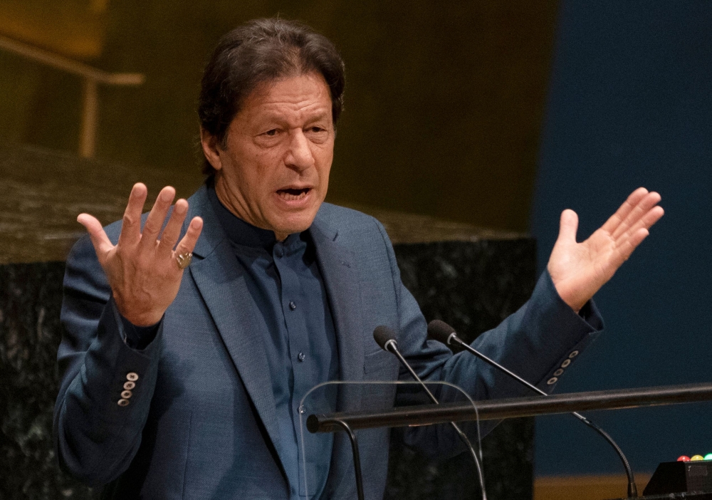 Pakistani Prime Minister Imran Khan speaks during the 74th Session of the General Assembly at UN Headquarters in New York on September 27, 2019. AFP / Don Emmert 