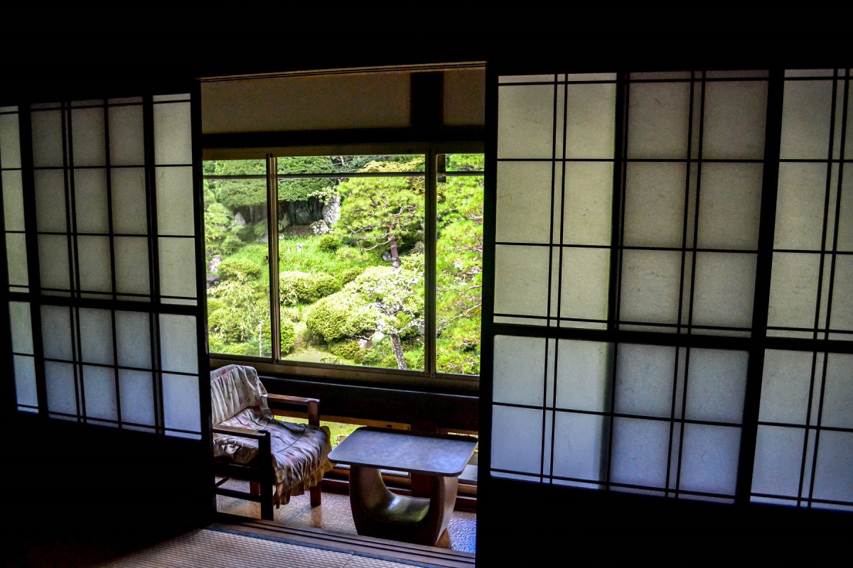 Typical wood sliding doors are seen in room with a garden view at Kakurinbo, a Buddhist temple in Japan's Yamagata Prefecture. Washington Post photo by Natalie Compton.