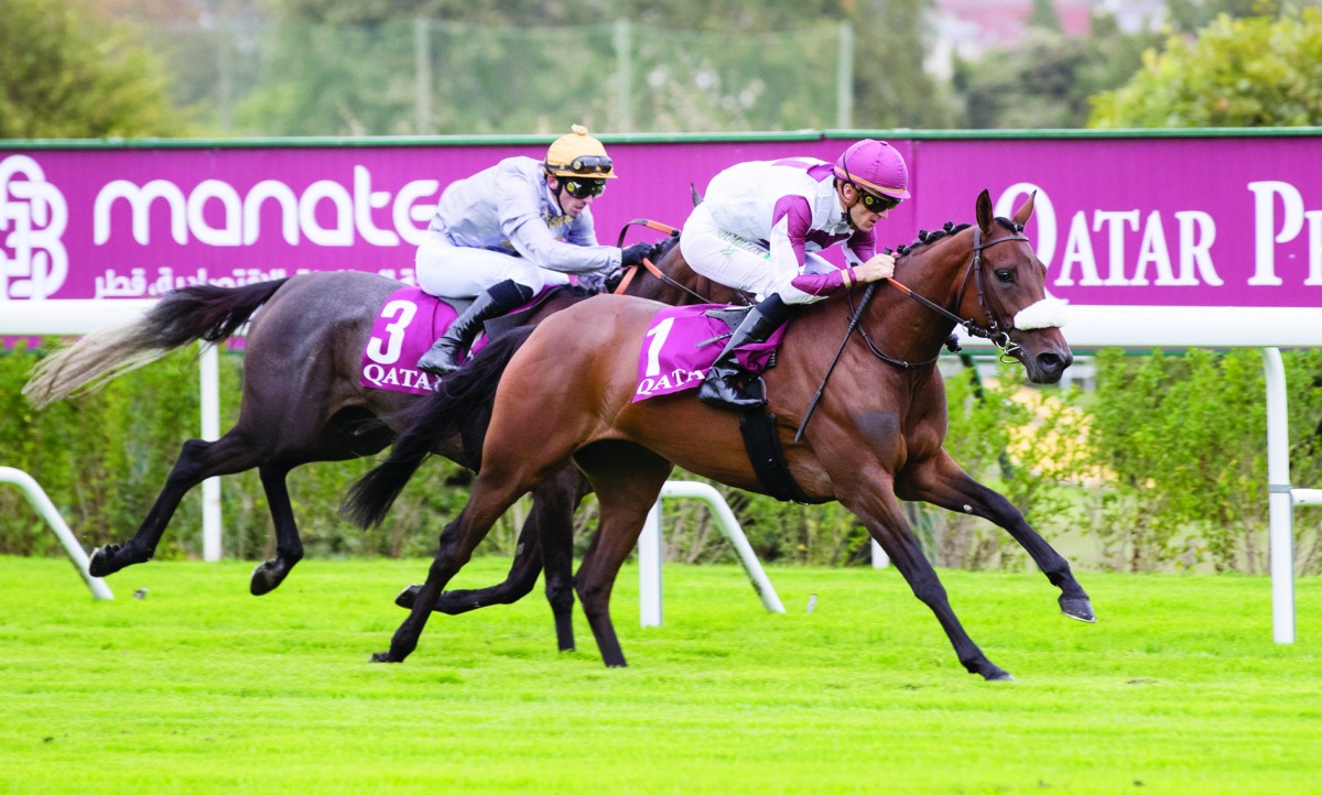 Lady Princess, ridden by Christophe Soumilon, on her way to win the Qatar Arabian Trophy Des Pouliches at the Saint-Cloud racecourse in Paris, yesterday.   
