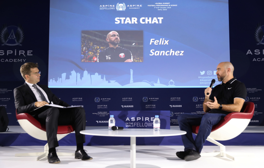 Qatar's coach Felix Sanchez (right) speaking on the second day of “Aspire Academy Global Summit” yesterday.
 