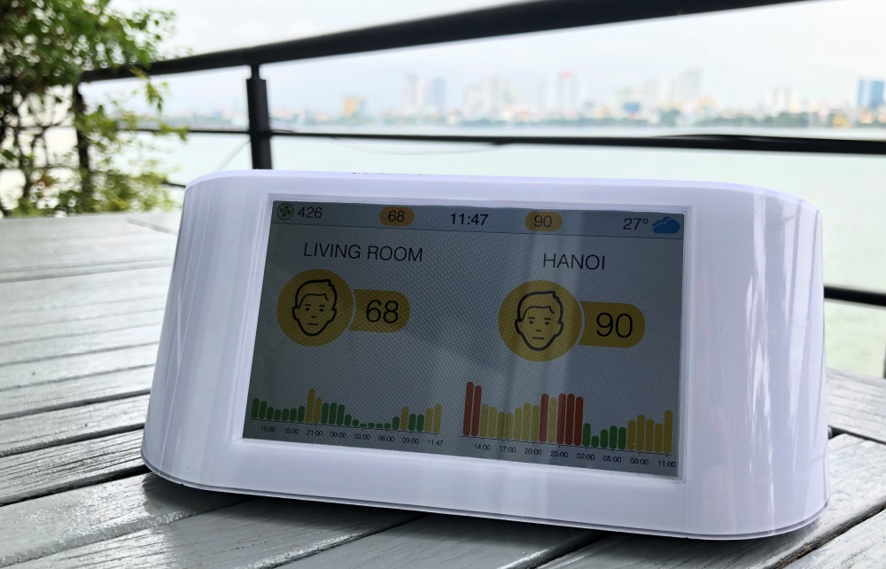 An AirVisual monitoring station produced by Swiss firm IQair is seen by the West Lake in Hanoi, Vietnam October 9, 2019. REUTERS/James Pearson