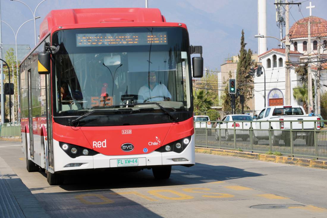 Commuters take the new Line 3 electric bus in Santiago, Chile, on September 17, 2019. Thomson Reuters Foundation/John Bartlett