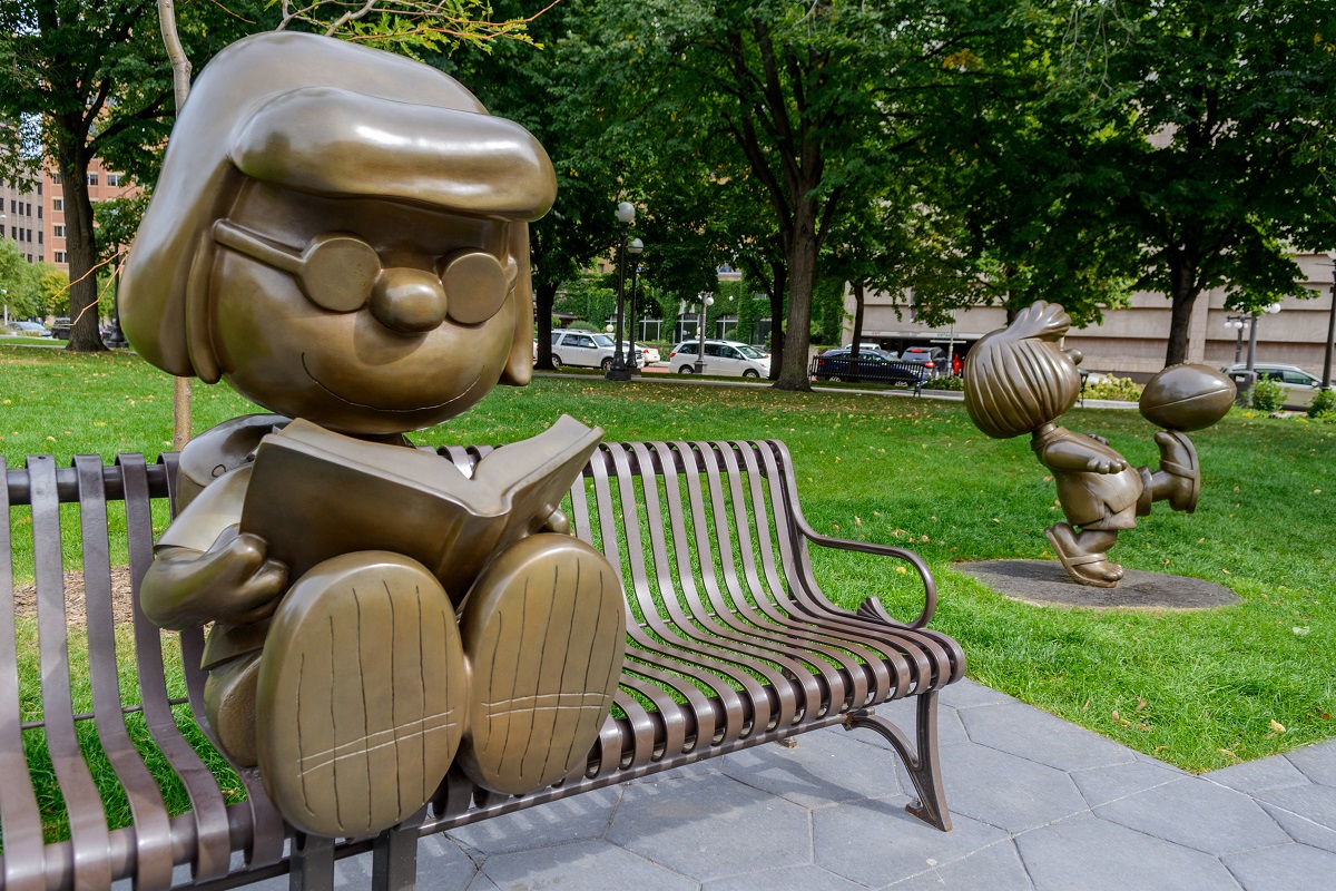 Rice Park is home to several bronze statues, including some Peanuts characters as an ode to St. Paul native Charles Schulz. Photo by Tiffany Clark for The Washington Post.
