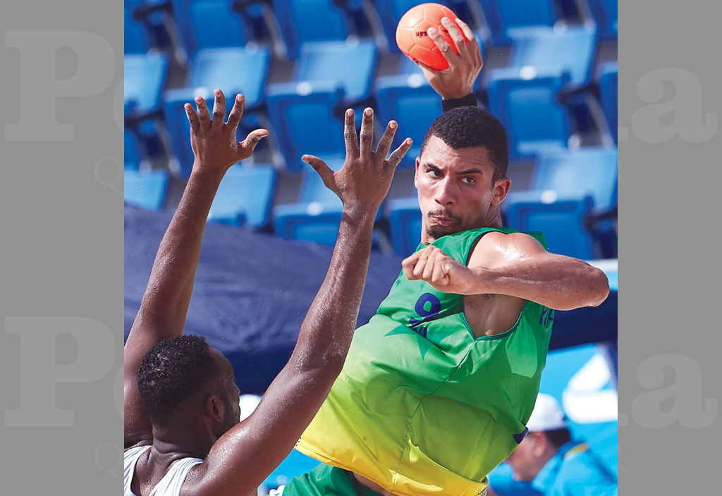 Brazil’s Nascimento de Medeiros prepares to shoot against Oman during their opening match at Al Gharafa, yesterday.