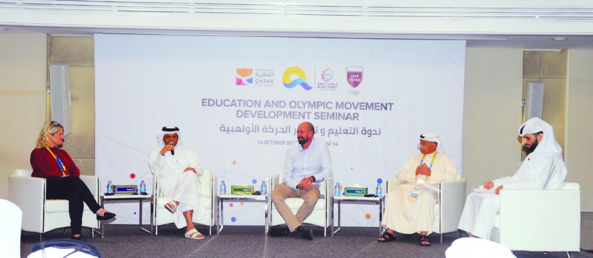 Shekih Sauod bin Abdulrahman Al Thani, Assistant to the President of Amiri Diwan, speaking during the Education and Olympic Movement Development Seminar, hosted by Qatar Olympic Academy at Al Gharafa Sports Club yesterday. James McCloud, the International